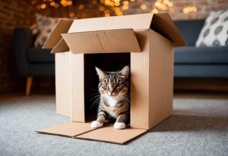 Uma caixa de papelão com uma porta secreta montada para pegar um gato