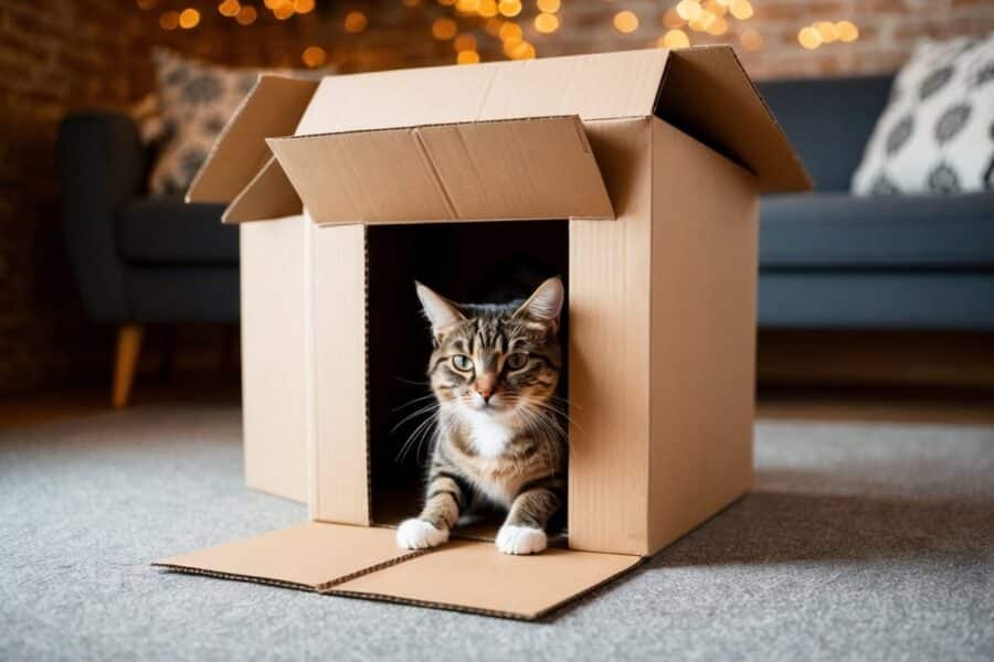 Uma caixa de papelão com uma porta secreta montada para pegar um gato