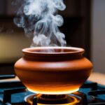 Uma panela de barro está sobre um fogão brilhante, vapor subindo do conteúdo que está cozinhando dentro.
