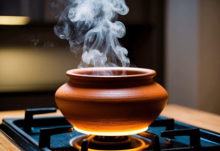 Uma panela de barro está sobre um fogão brilhante, vapor subindo do conteúdo que está cozinhando dentro.