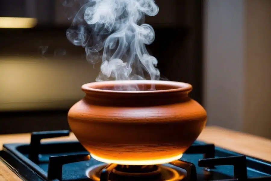 Uma panela de barro está sobre um fogão brilhante, vapor subindo do conteúdo que está cozinhando dentro.