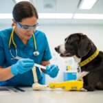 Um veterinário mede e molda cuidadosamente uma prótese personalizada para um cachorro, usando ferramentas e materiais especializados em uma clínica brilhante e estéril.