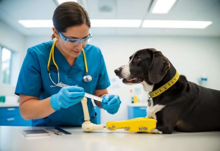 Um veterinário mede e molda cuidadosamente uma prótese personalizada para um cachorro, usando ferramentas e materiais especializados em uma clínica brilhante e estéril.