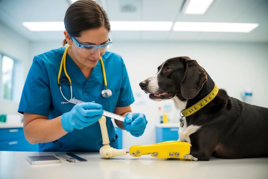 Um veterinário mede e molda cuidadosamente uma prótese personalizada para um cachorro, usando ferramentas e materiais especializados em uma clínica brilhante e estéril.