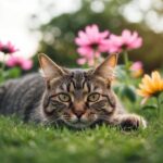 Um gato deitado pacificamente com os olhos abertos, cercado por flores e uma brisa suave