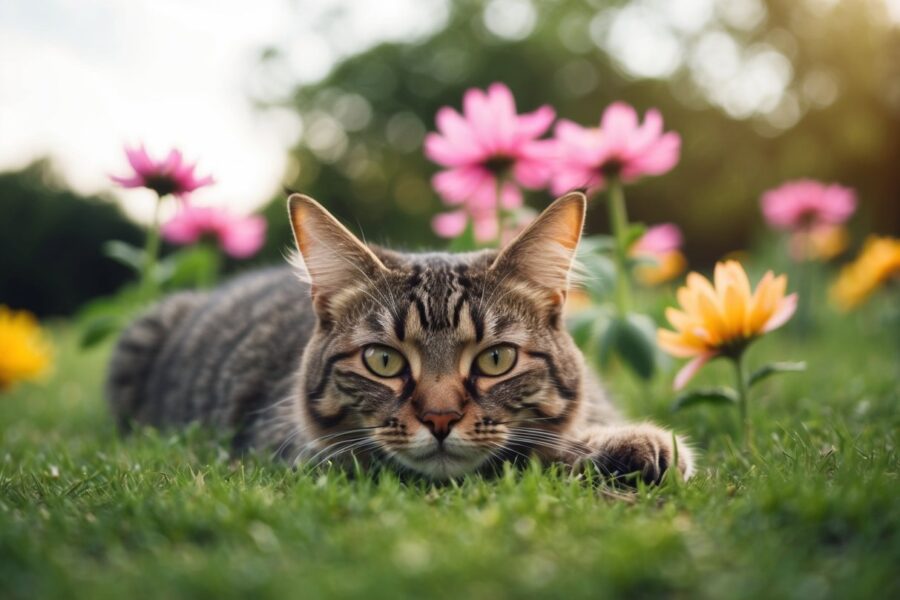 Um gato deitado pacificamente com os olhos abertos, cercado por flores e uma brisa suave
