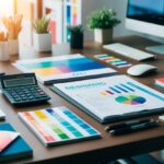 Uma mesa de designer com materiais de branding e uma calculadora, cercada por inspiração criativa como amostras de cores e livros de design.