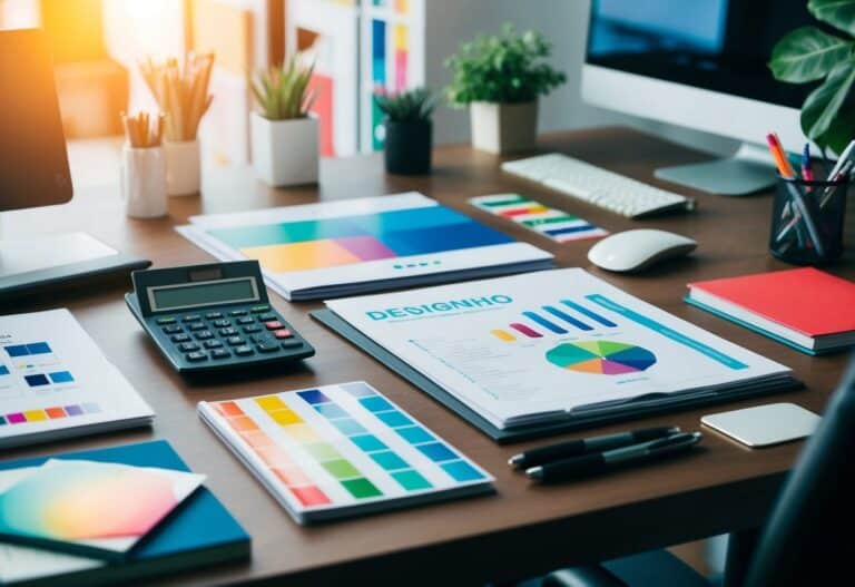 Uma mesa de designer com materiais de branding e uma calculadora, cercada por inspiração criativa como amostras de cores e livros de design.