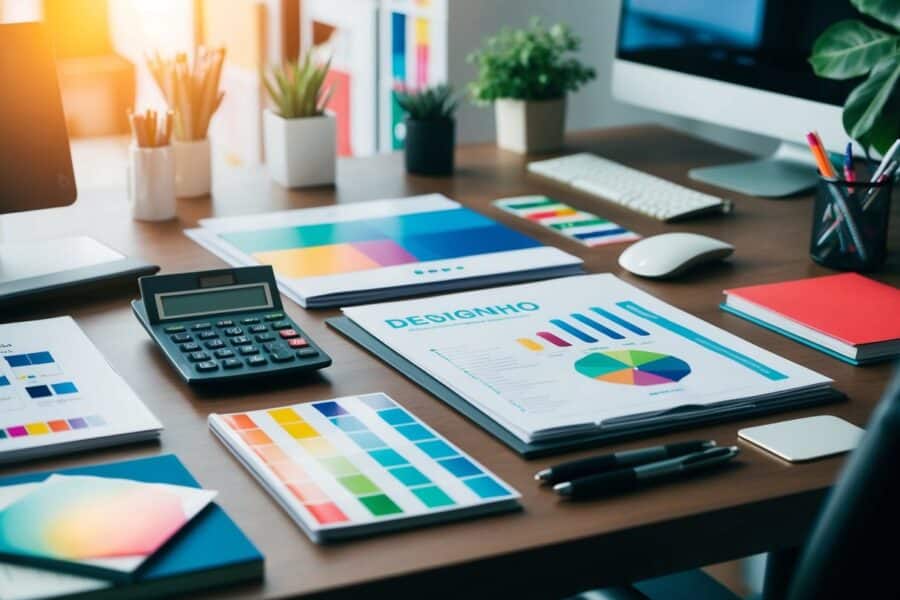 Uma mesa de designer com materiais de branding e uma calculadora, cercada por inspiração criativa como amostras de cores e livros de design.