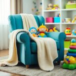 Uma sala de estar aconchegante com uma poltrona confortável coberta por um tecido macio e respirável, cercada por brinquedos coloridos e divertidos para bebês.