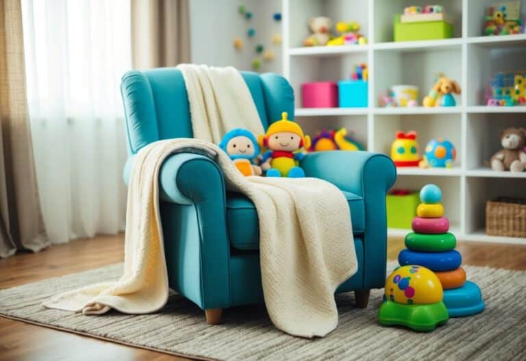 Uma sala de estar aconchegante com uma poltrona confortável coberta por um tecido macio e respirável, cercada por brinquedos coloridos e divertidos para bebês.