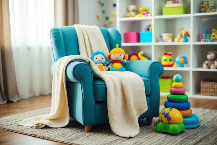 Uma sala de estar aconchegante com uma poltrona confortável coberta por um tecido macio e respirável, cercada por brinquedos coloridos e divertidos para bebês.