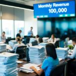Um escritório movimentado com funcionários trabalhando diligentemente, pilhas de faturas e relatórios financeiros nas mesas, e uma grande tela digital mostrando a receita mensal de 100.000