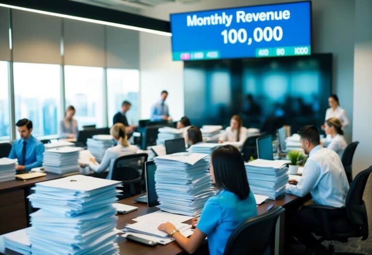 Um escritório movimentado com funcionários trabalhando diligentemente, pilhas de faturas e relatórios financeiros nas mesas, e uma grande tela digital mostrando a receita mensal de 100.000