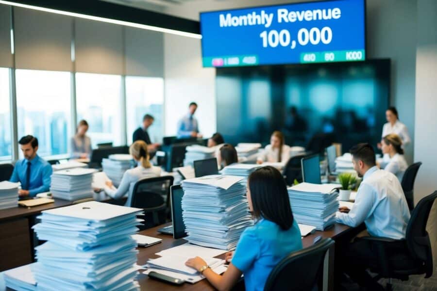 Um escritório movimentado com funcionários trabalhando diligentemente, pilhas de faturas e relatórios financeiros nas mesas, e uma grande tela digital mostrando a receita mensal de 100.000