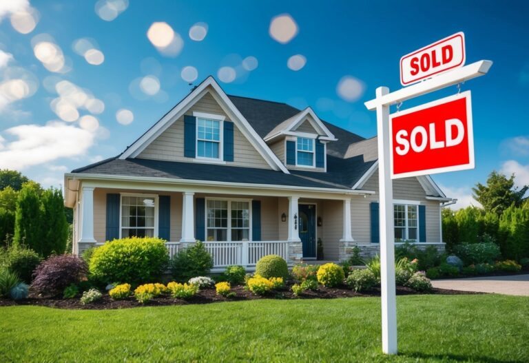 Um sonho de comprar uma casa: um lar aconchegante e convidativo com uma placa de "vendido" na frente, cercado por um jardim exuberante e um céu azul claro.