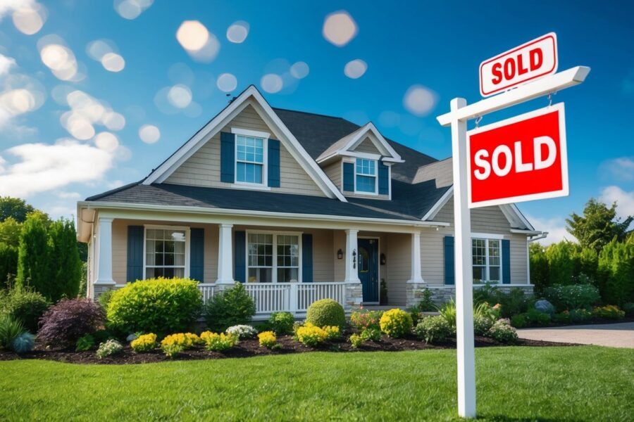 Um sonho de comprar uma casa: um lar aconchegante e convidativo com uma placa de "vendido" na frente, cercado por um jardim exuberante e um céu azul claro.