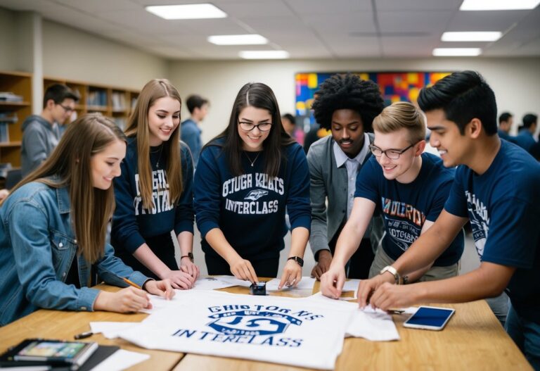 Um grupo de alunos de diferentes turmas trabalhando juntos para desenhar e criar uma camiseta personalizada entre as turmas.