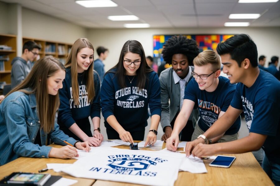 Um grupo de alunos de diferentes turmas trabalhando juntos para desenhar e criar uma camiseta personalizada entre as turmas.