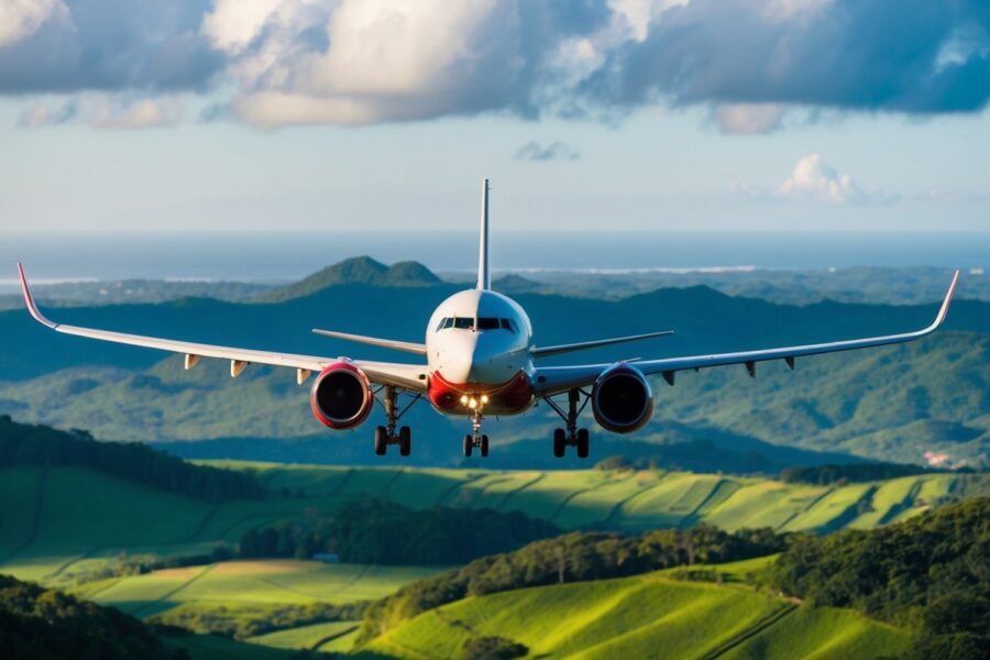 Um avião voando sobre a paisagem verdejante do Panamá ao Brasil