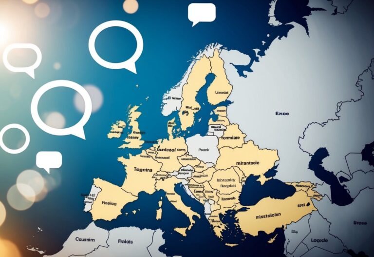 Um mapa da Europa com balões de fala em diferentes idiomas flutuando acima das principais cidades