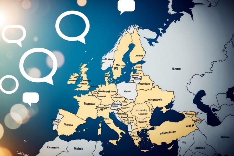 Um mapa da Europa com balões de fala em diferentes idiomas flutuando acima das principais cidades