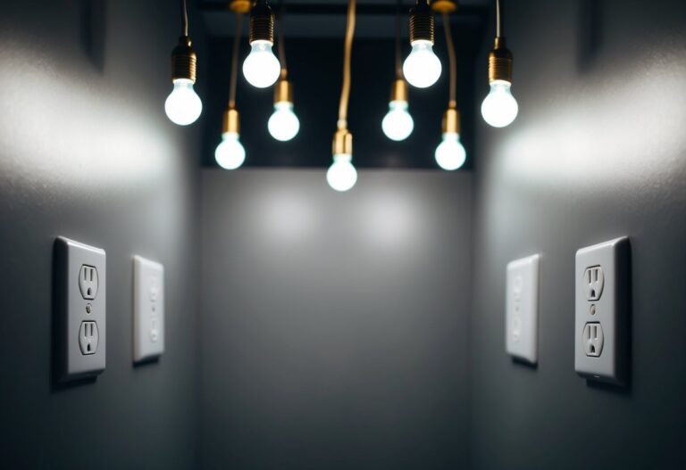 Uma sala escura com tomadas sem funcionamento, mas com lâmpadas brilhantes e iluminadas acima.