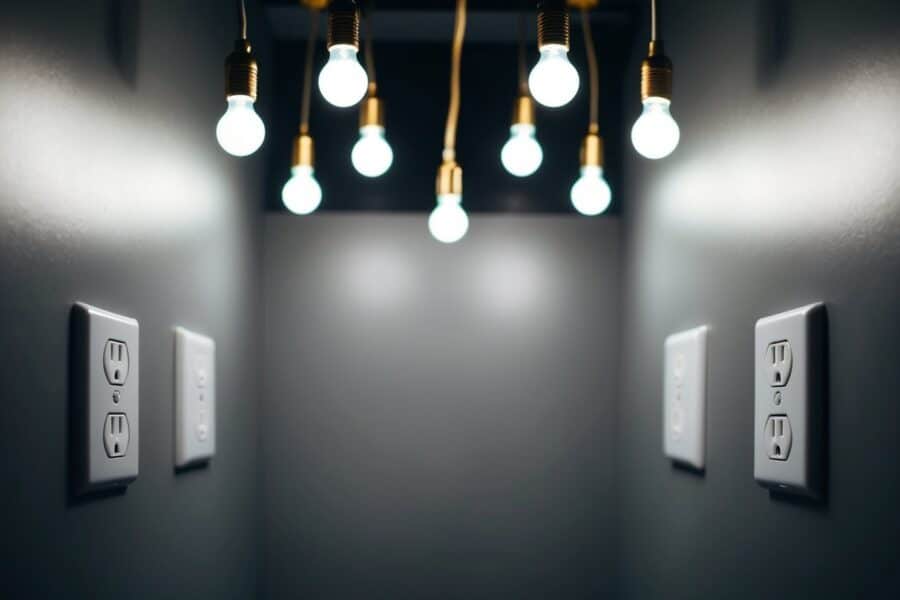 Uma sala escura com tomadas sem funcionamento, mas com lâmpadas brilhantes e iluminadas acima.