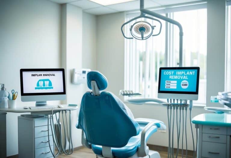 Um consultório dentário com uma cadeira, ferramentas dentais e um computador exibindo informações de custo para remoção de implante
