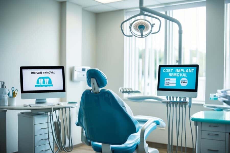 Um consultório dentário com uma cadeira, ferramentas dentais e um computador exibindo informações de custo para remoção de implante