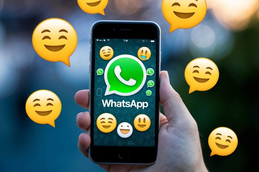 Um smartphone com o logotipo do WhatsApp na tela, cercado por balões de fala e emojis