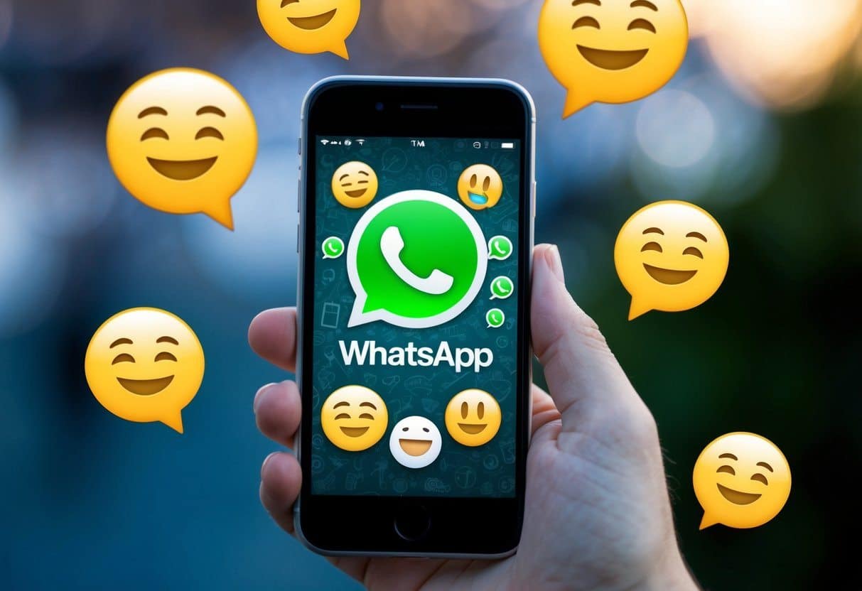 Um smartphone com o logotipo do WhatsApp na tela, cercado por balões de fala e emojis