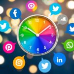 Um relógio colorido com ponteiros apontando para diferentes horários do dia, cercado por ícones de redes sociais e símbolos de engajamento e interação.