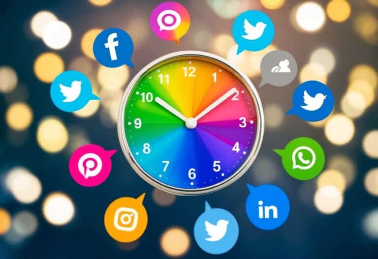 Um relógio colorido com ponteiros apontando para diferentes horários do dia, cercado por ícones de redes sociais e símbolos de engajamento e interação.