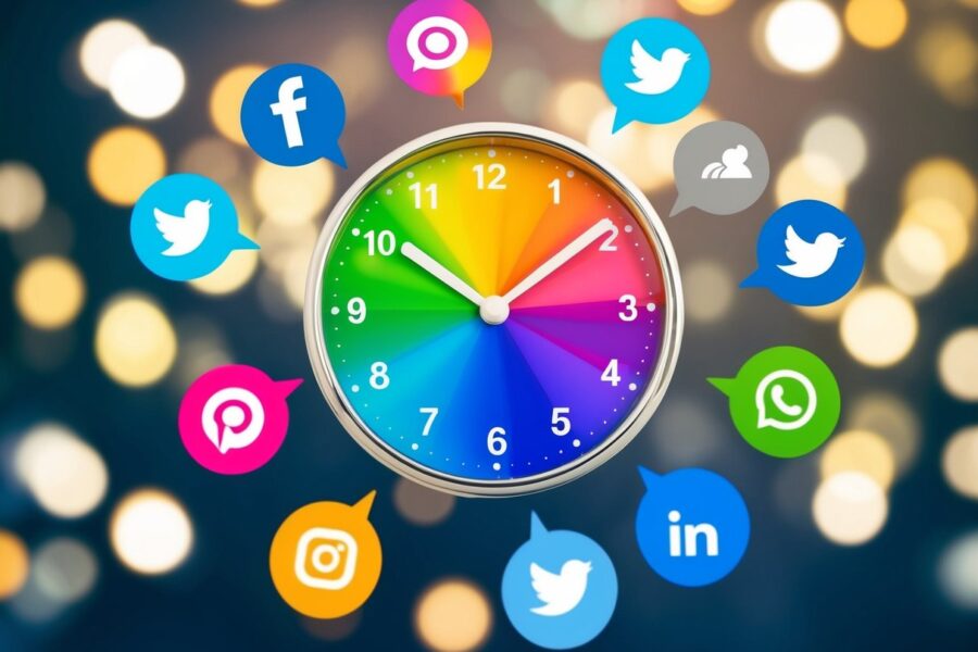 Um relógio colorido com ponteiros apontando para diferentes horários do dia, cercado por ícones de redes sociais e símbolos de engajamento e interação.