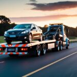 Um guincho transportando um carro por uma longa distância