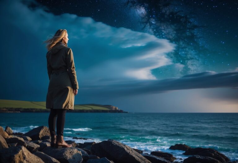 Uma mulher está de pé em uma costa rochosa, olhando para um mar tempestuoso à distância sob um céu escuro e estrelado.