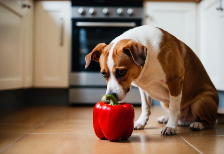 Um cachorro cheira ansiosamente um pimentão vermelho no chão da cozinha