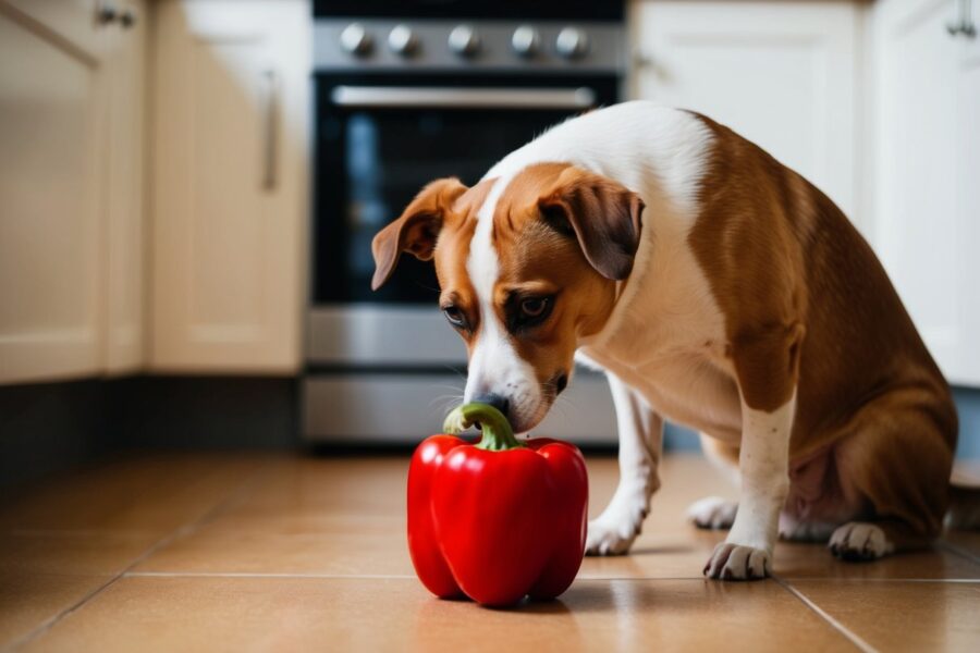Um cachorro cheira ansiosamente um pimentão vermelho no chão da cozinha