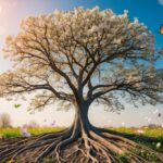 Uma árvore com raízes que se aprofundam na terra, seus galhos se estendendo em direção ao céu, cercada por flores em flor e borboletas a voar.