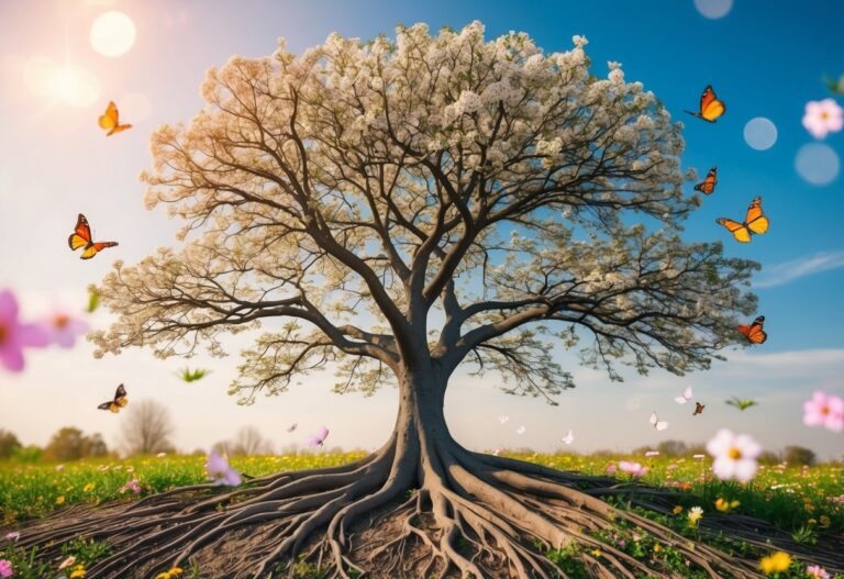Uma árvore com raízes que se aprofundam na terra, seus galhos se estendendo em direção ao céu, cercada por flores em flor e borboletas a voar.