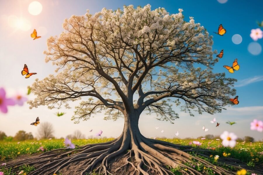 Uma árvore com raízes que se aprofundam na terra, seus galhos se estendendo em direção ao céu, cercada por flores em flor e borboletas a voar.