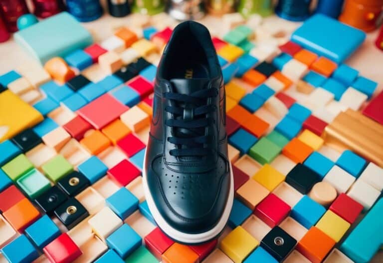 Um sapato preto cercado por vários objetos coloridos, simbolizando versatilidade e compatibilidade