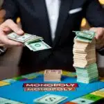 Cada jogador recebe um monte de dinheiro de brinquedo colorido do banqueiro no jogo de tabuleiro Monopoly.