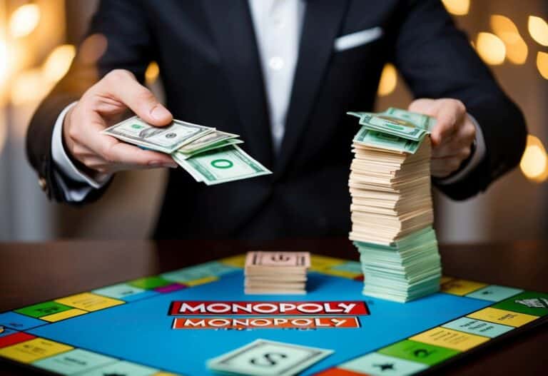 Cada jogador recebe um monte de dinheiro de brinquedo colorido do banqueiro no jogo de tabuleiro Monopoly.