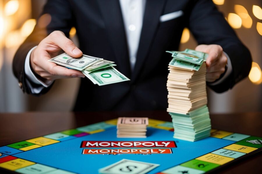 Cada jogador recebe um monte de dinheiro de brinquedo colorido do banqueiro no jogo de tabuleiro Monopoly.