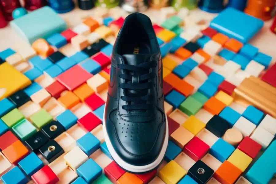 Um sapato preto cercado por vários objetos coloridos, simbolizando versatilidade e compatibilidade