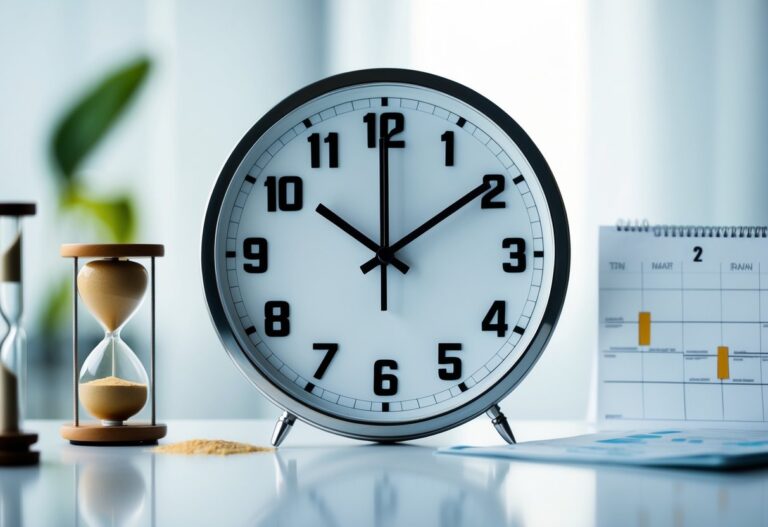 Um relógio grande com elementos que representam a passagem do tempo, como uma ampulheta e um calendário ao fundo.