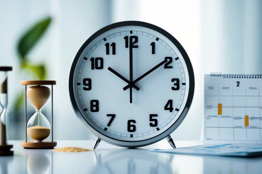Um relógio grande com elementos que representam a passagem do tempo, como uma ampulheta e um calendário ao fundo.