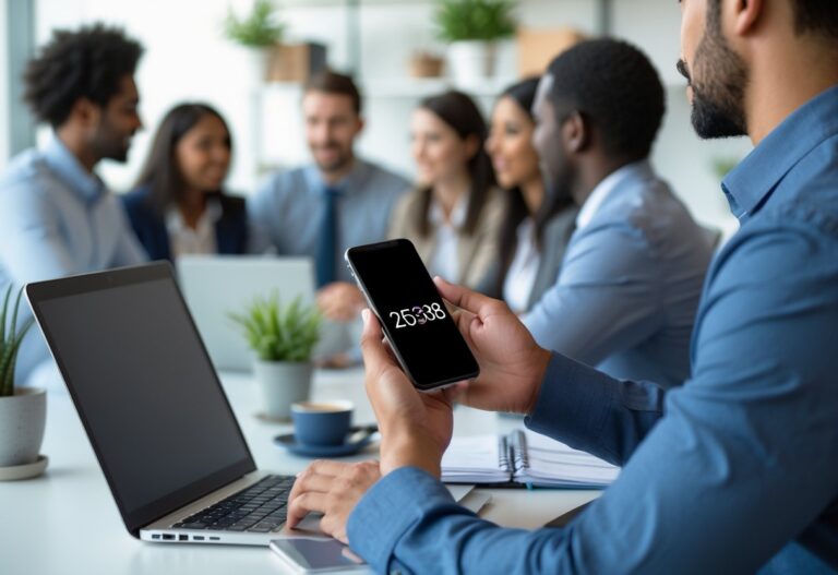 Pessoa segurando um smartphone com número de telefone borrado, em uma reunião de trabalho com outras pessoas ao redor de uma mesa.